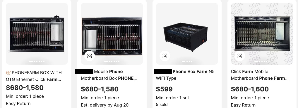 a screenshot of phone farm boxes for sale on a popular ecommerce website. The boxes hold 10-20 phone motherboards and are priced from $600-1600. 
